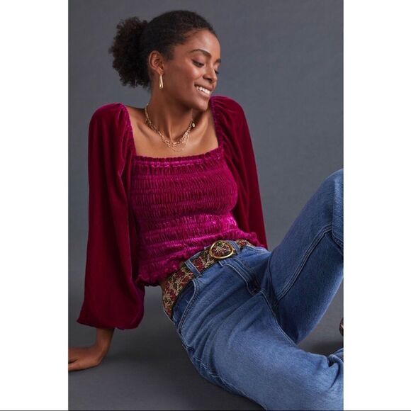 NEW Anthropologie Puff-Sleeved Smocked Velvet Long-Sleeeve Top Blouse X-Small - Picture 1 of 3